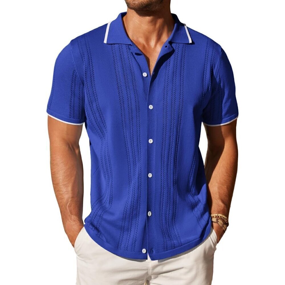❤️Men's Blue Button Down Shirt Vintage Short Sleeve Shirts Casual Beach Tops